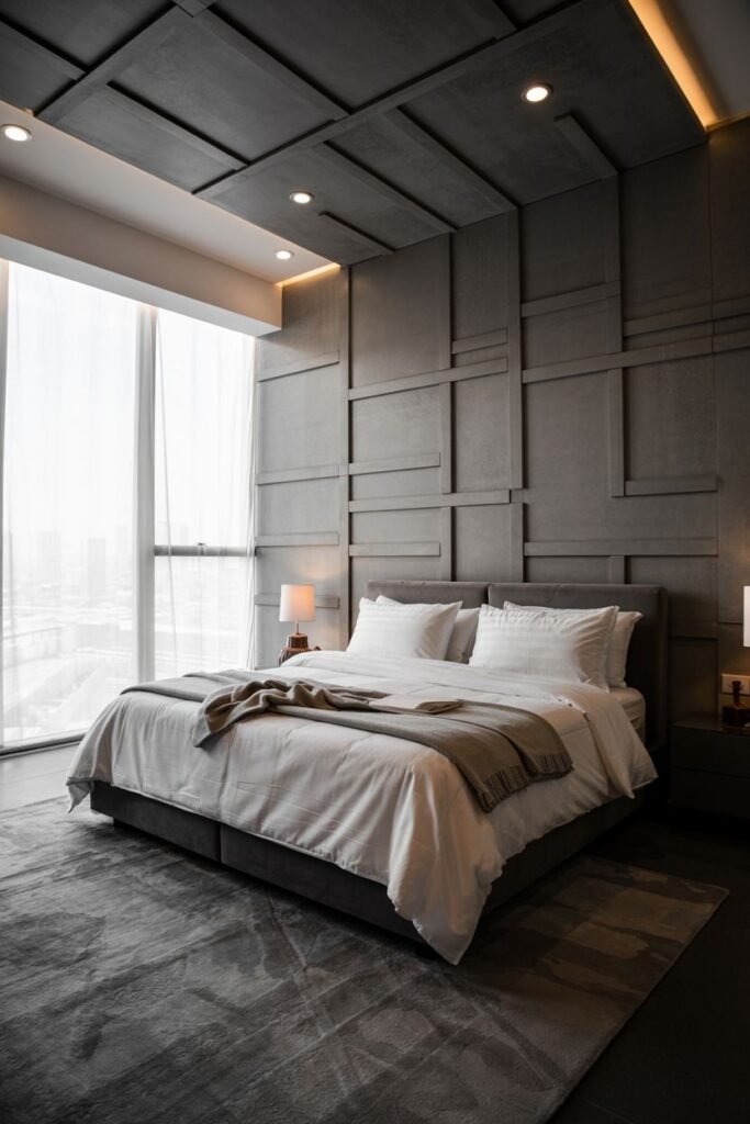 A grey accent wall is composed of irregularly shaped panels arranged geometrically, with integrated linear lighting along the top edge and within the design. A bed with grey bedding is placed against the wall. A large, subtly patterned grey rug is on the floor.