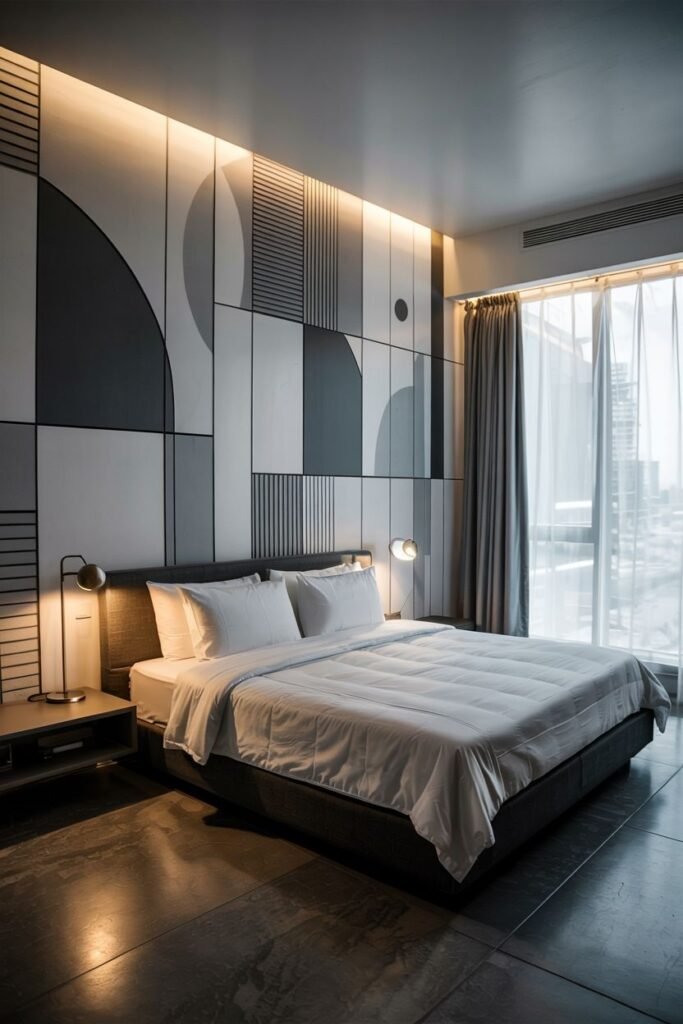 An accent wall features a large-scale geometric pattern with circles, rectangles, and lines in shades of grey, black, and white, with integrated linear lighting. A bed with white bedding is positioned against the wall, flanked by minimalist nightstands and lamps.