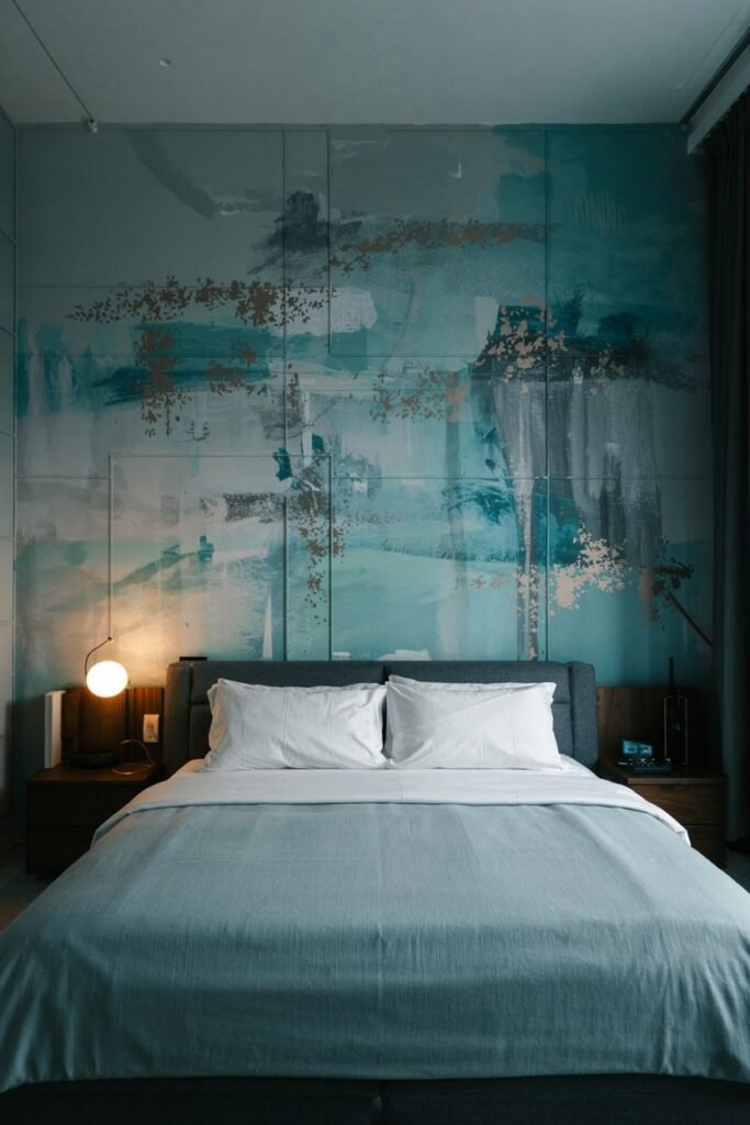 An accent wall features a unique abstract painting with shades of blue, green, grey, and gold. A bed with blue-grey bedding is placed against the wall, with dark wooden nightstands and lamps.