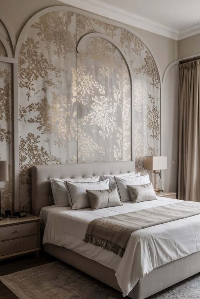 A bedroom wall features arched sections with a gilded floral or botanical pattern on a light background. A bed with neutral bedding is centered against the wall, flanked by bedside tables with lamps.