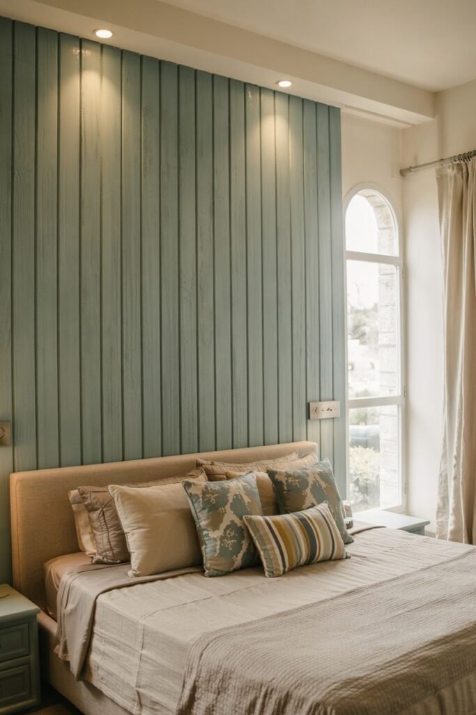 A bedroom wall is covered with vertical panels painted in a soft blue-green color. A bed with neutral bedding and patterned pillows is placed against the wall, with a light-colored nightstand and lamp. Curtains frame a window.