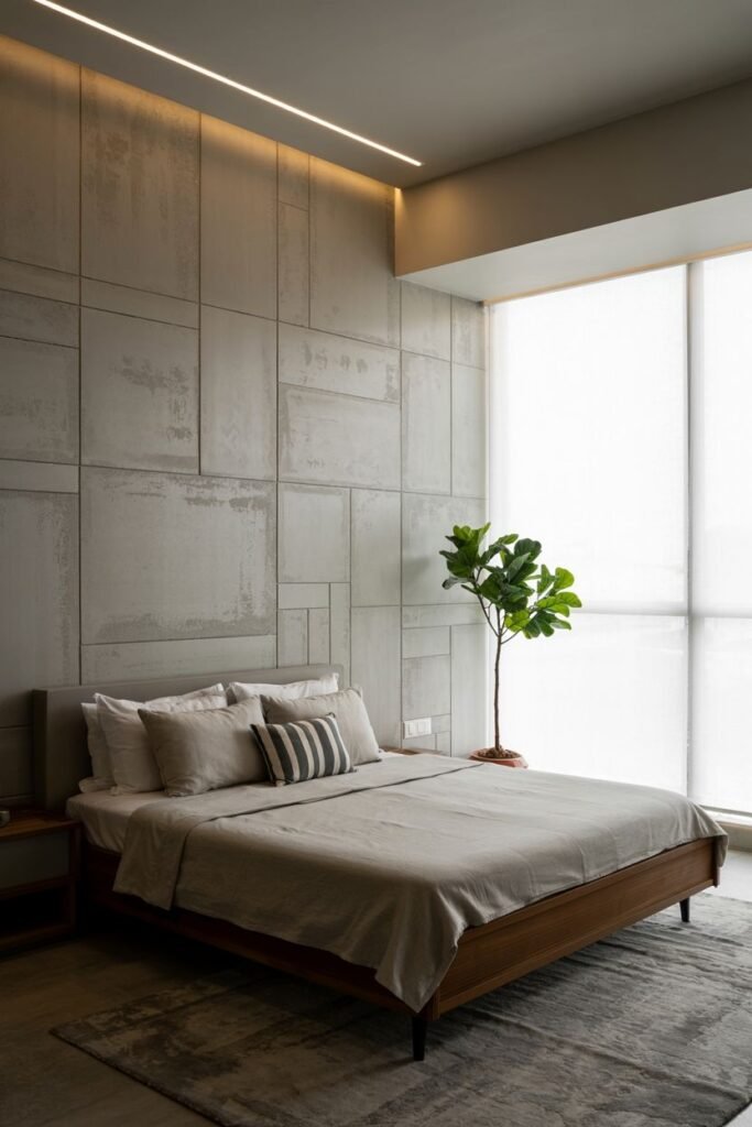 A grey accent wall uses large, irregularly shaped concrete panels, with integrated linear lighting along the top edge. A bed with a wooden frame and neutral bedding is against the wall, with a small nightstand and a large plant. A subtly patterned rug is on the floor.