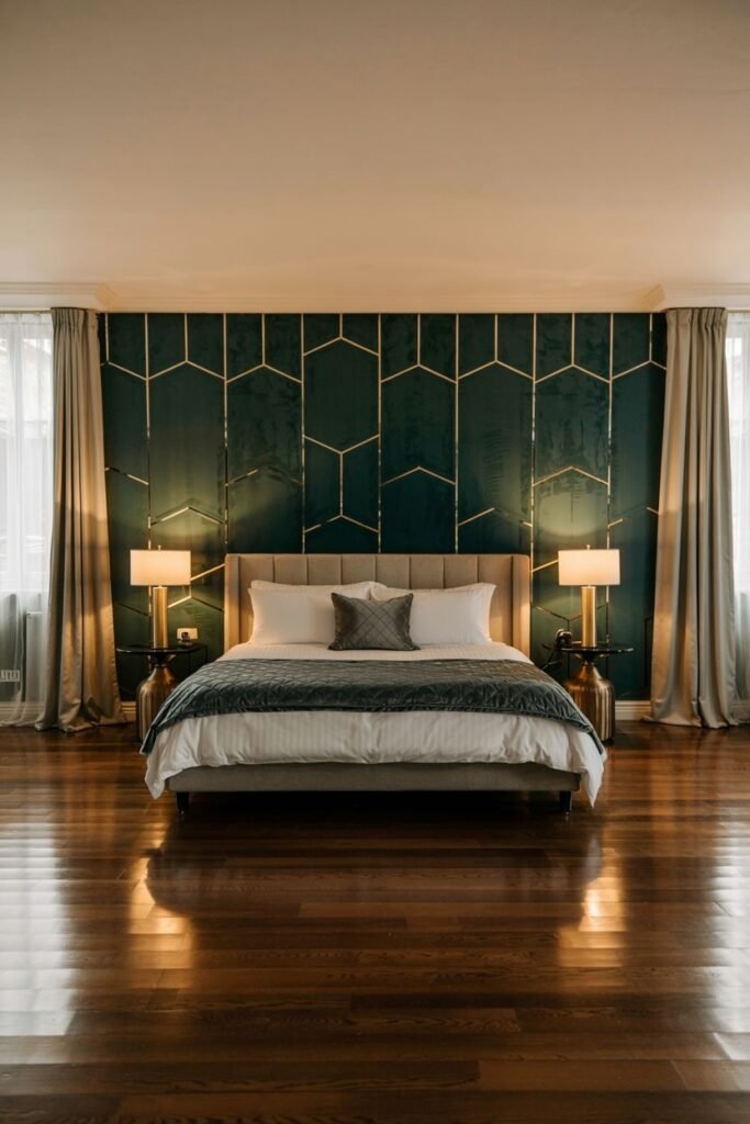A luxurious accent wall uses dark green velvet panels arranged geometrically with gold lines. Windows framed by curtains are visible on either side. A bed with a light upholstered headboard and grey bedding is against the wall, with elegant nightstands and lamps. Wooden flooring is visible.