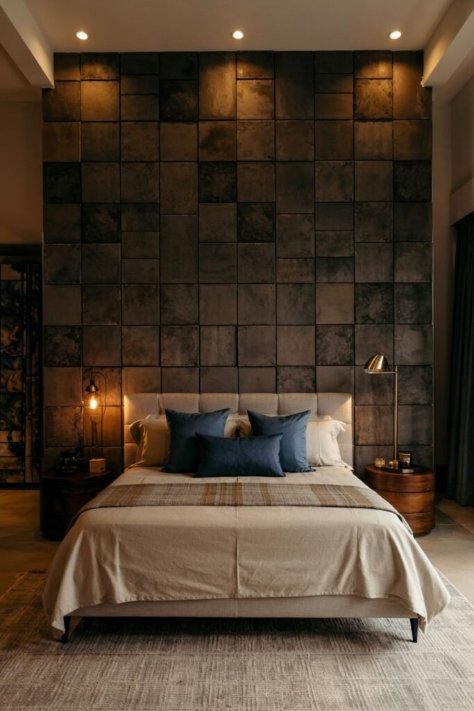 An accent wall features a checked pattern using alternating squares of dark concrete-like material and light wood, with lighting highlighting the textures. A bed with neutral bedding and blue accent pillows is against the wall, with nightstands (one appearing to be a wooden barrel). A textured rug is on the floor.
