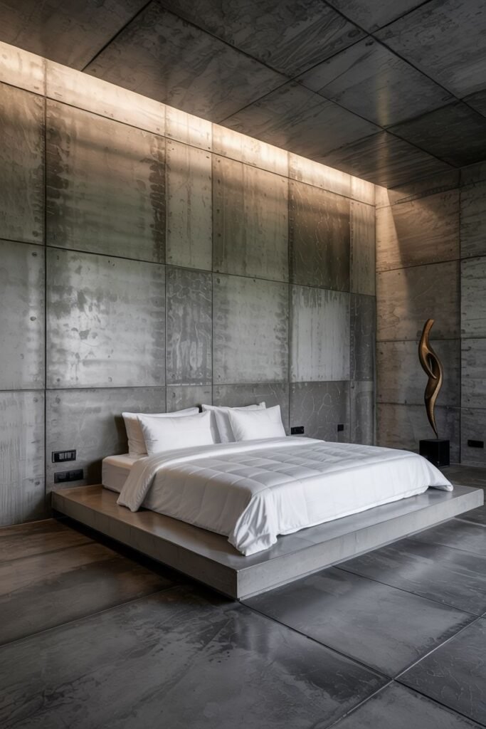 A minimalist bedroom features large concrete slabs covering the wall and a concrete platform bed, with integrated linear lighting along the top of the wall. Simple white bedding is on the bed. A modern sculpture is on a pedestal. Concrete flooring is also visible.