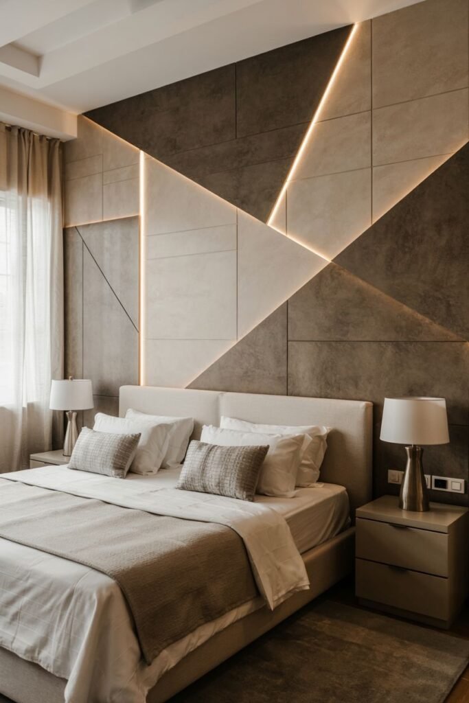 An accent wall features large geometric shapes created with different textures and shades of brown and beige, with integrated diagonal linear lighting. A bed with neutral bedding is against the wall, with light-colored nightstands and lamps.