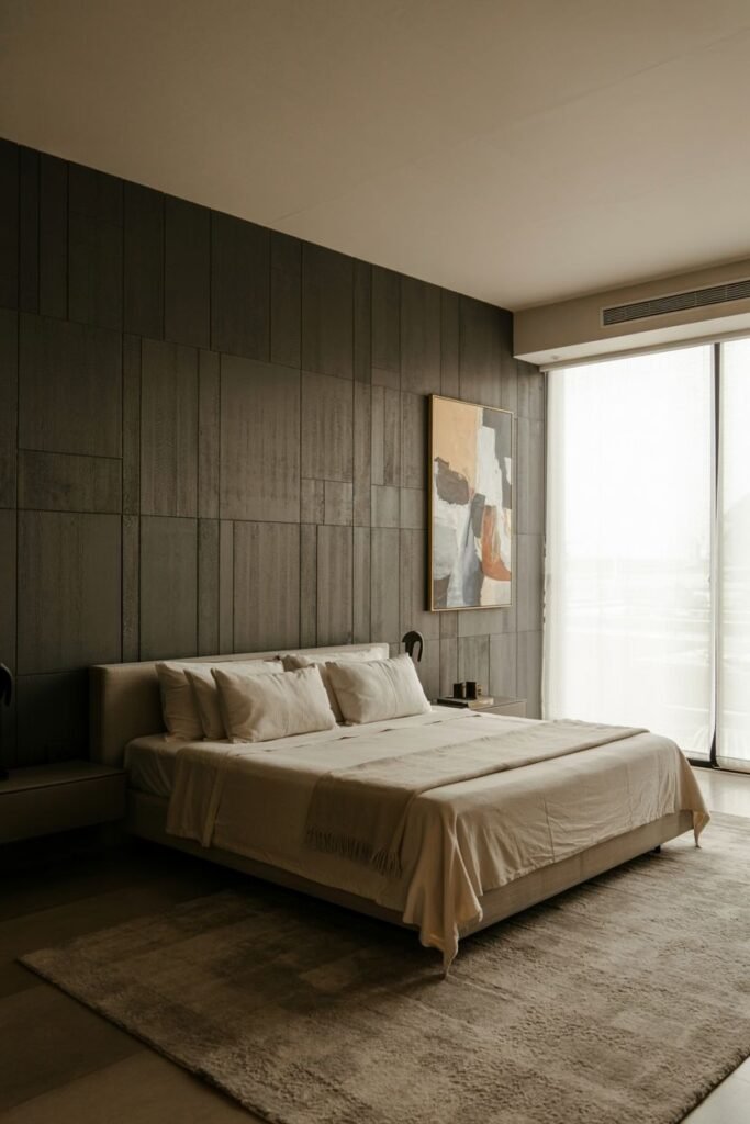 A bedroom wall is covered with dark, textured rectangular panels in a vertical pattern. A bed with neutral bedding is against the wall, with a nightstand and a large abstract painting on the wall. A light-colored rug is on the floor.