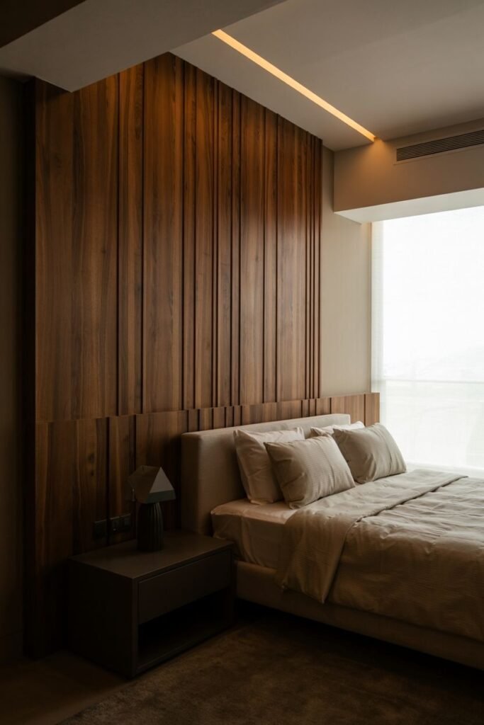 A tall accent wall uses narrow vertical wood slats, with integrated linear lighting along the top edge. A bed with a light upholstered headboard and neutral bedding is in front of the wall, with a modern nightstand and lamp.