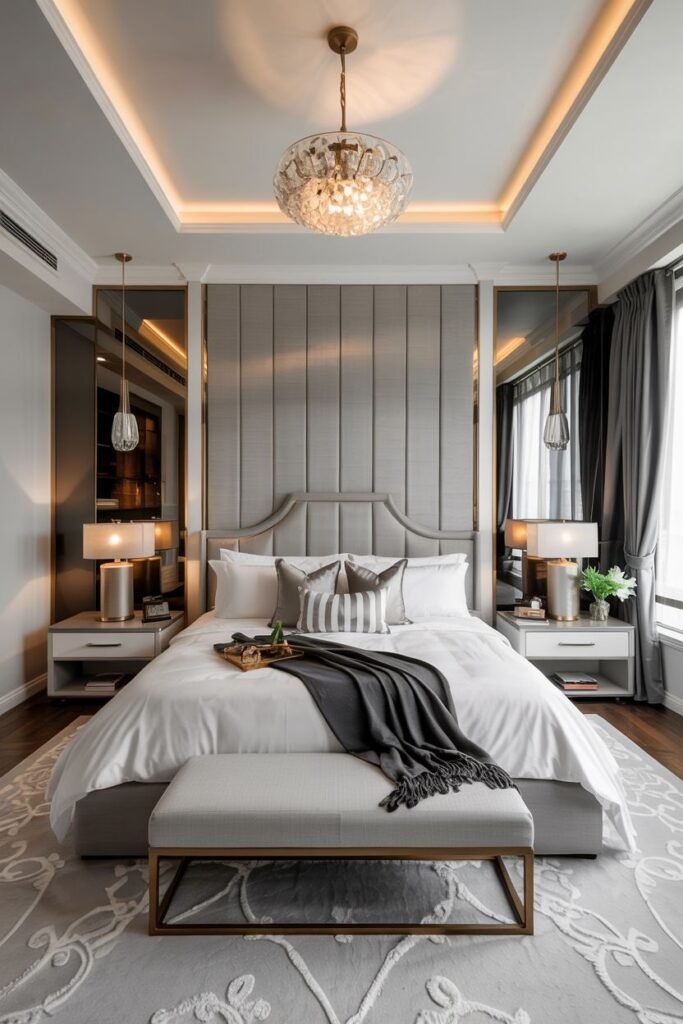 A luxurious bedroom features a grey upholstered panel accent wall framed by tall mirrors, with integrated lighting above. An elegant chandelier hangs from the ceiling. A bed with a curved headboard and luxurious bedding is against the wall, flanked by elegant nightstands and lamps. A bench is at the foot of the bed.