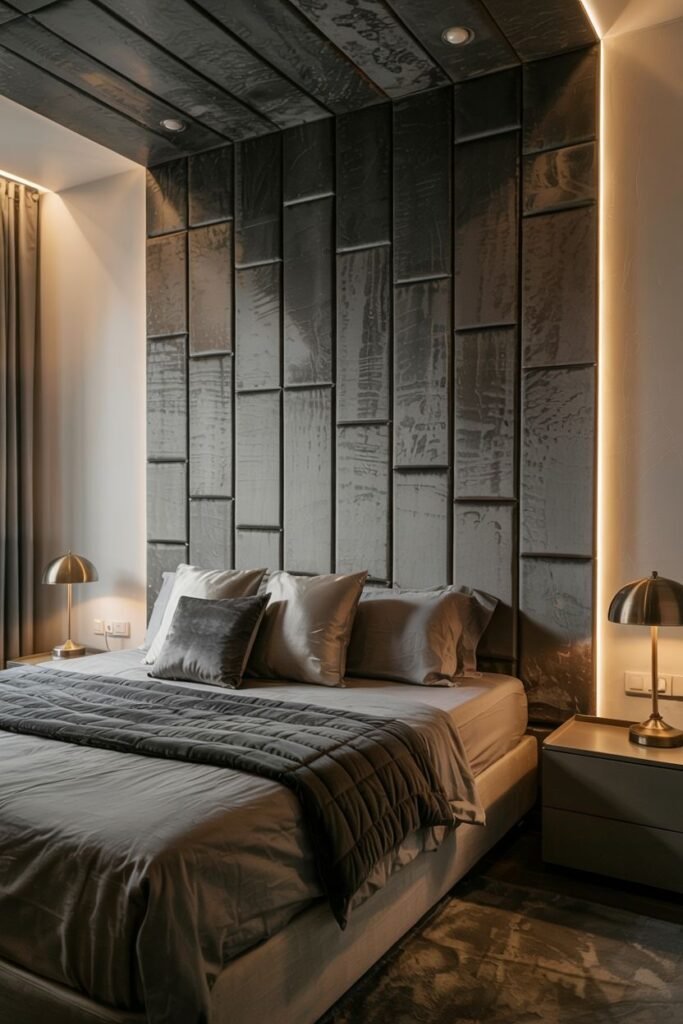 A bedroom wall features dark, rectangular textured panels arranged vertically and horizontally, with integrated linear lighting along one side. Metallic lamps sit on dark nightstands beside a bed with dark-toned bedding.