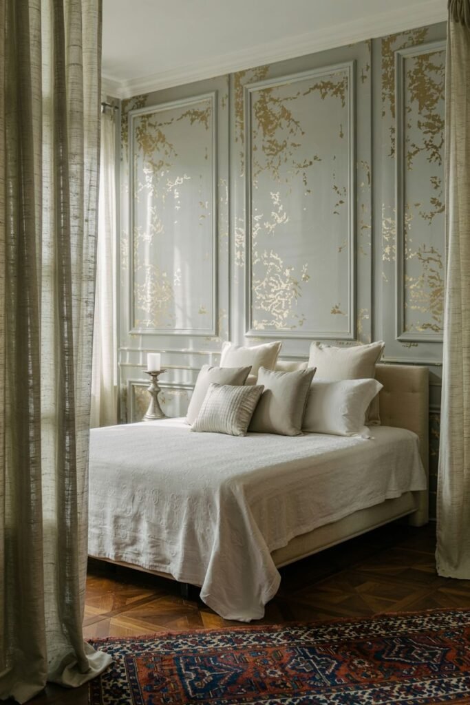 A classic bedroom wall features paneled sections painted in a soft color with distressed gold leaf details within the panels. A bed with layered pillows and white bedding is positioned in front of the wall. A side table with a candle is visible. A patterned rug is on a wooden floor.