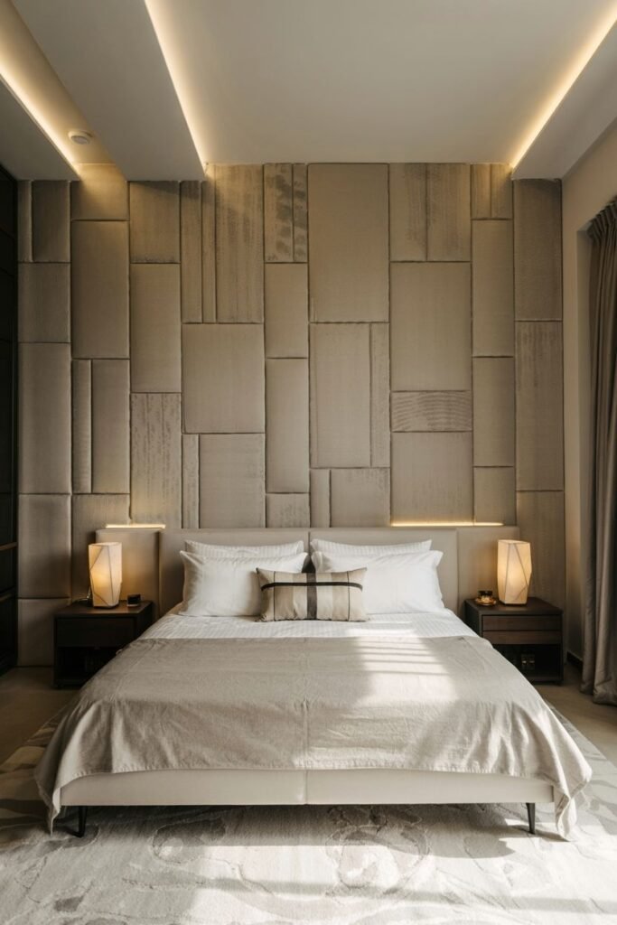 A bedroom wall features large, irregularly shaped textured panels in a light, neutral color, with linear lighting along the top perimeter and integrated into the wall. Elegant lamps are on dark nightstands beside a bed with light-colored bedding. A large, subtly patterned rug is on the floor.