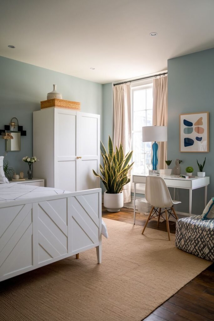 A tall snake plant with yellow and green leaves in a white pot stands next to a white desk near a window in a bedroom.