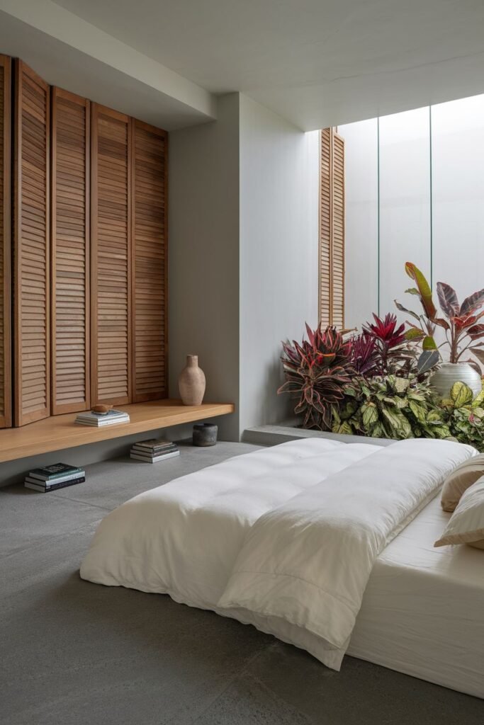 An adjacent outdoor or atrium space visible from the bedroom is filled with lush plantings, including plants with red-tinged foliage.