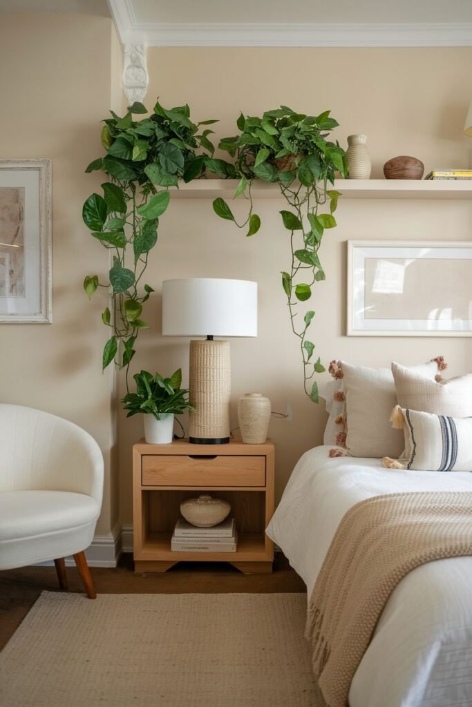 Trailing plants cascade from a shelf installed above a bed, with their vines hanging down against the wall.