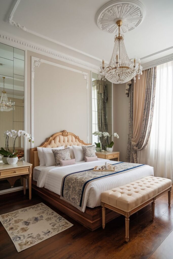 Elegant potted orchids are placed on bedside tables in a bedroom with classic decor, including a crystal chandelier.