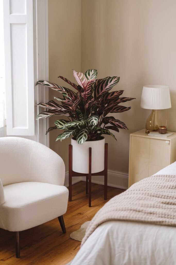A striking plant with patterned leaves (possibly a Calathea) in a tall white pot with a wooden stand is placed in a corner next to a white accent chair and nightstand.
