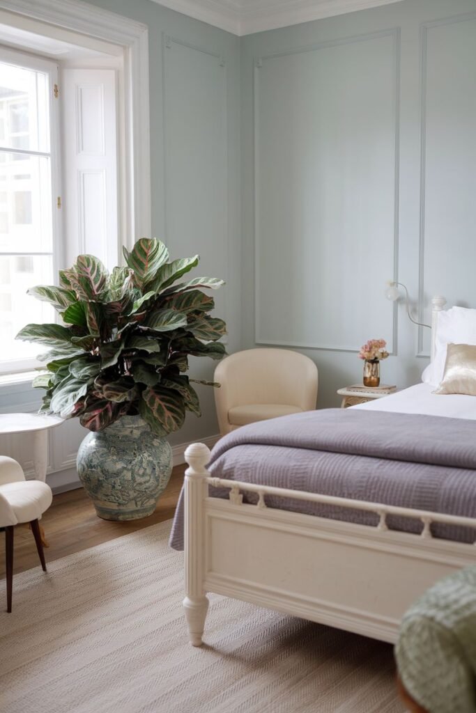 A large, leafy plant (likely a Calathea) in a decorative blue and white pot sits by a window near the foot of a bed and an armchair.