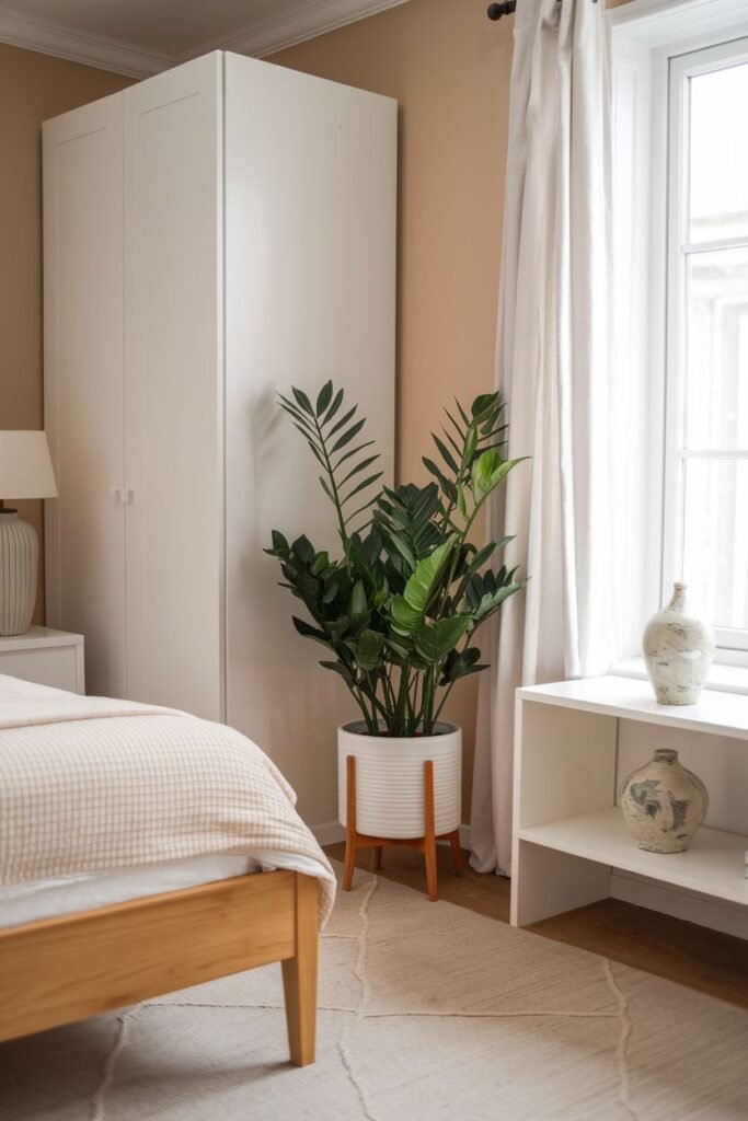 A medium-sized ZZ plant in a white pot on a wooden stand is placed next to a white wardrobe and near a window.