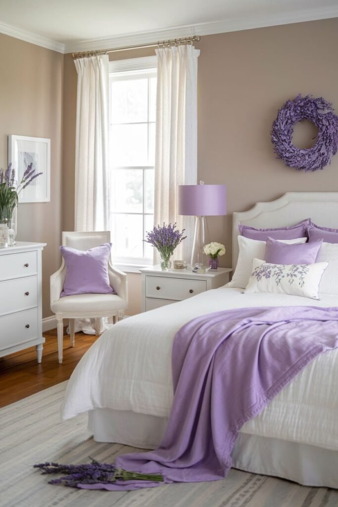 Lavender plants in pots are on nightstands, and bunches of cut lavender are in vases on dressers and nightstands, complementing lavender decor.