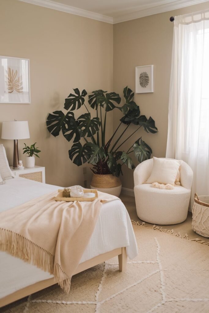 A large Monstera deliciosa plant in a woven basket occupies a corner next to a bed and a round white armchair.