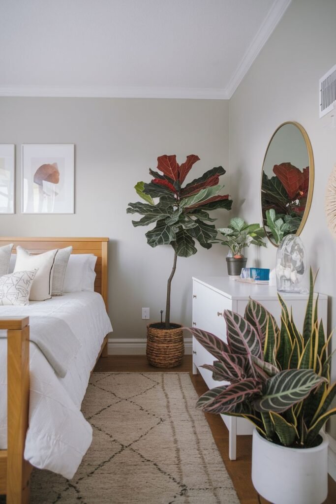 A large Fiddle Leaf Fig with red underleaves in a woven basket sits beside a bed and dresser, with smaller potted plants on the dresser.