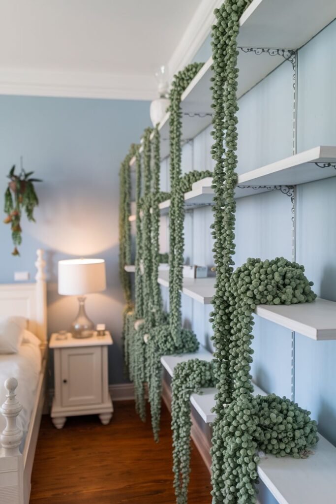 Multiple trailing plants, such as String of Pearls, cascade down a wall from several white shelves, creating a living wall effect.