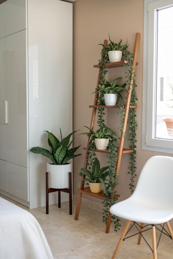 Potted plants of varying sizes, including trailing plants, are displayed on a wooden ladder-style bookcase, next to a large snake plant on a stand.