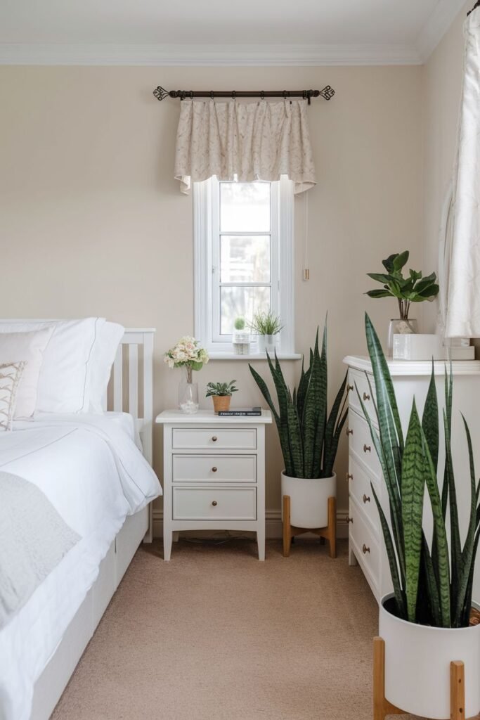 Tall snake plants in white pots on wooden stands flank a white dresser near a bed and window, with smaller plants on the dresser and nightstand.