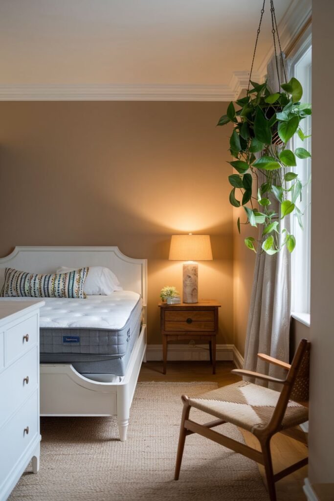 A trailing plant is suspended from the ceiling near a window, allowing its vines to cascade freely.