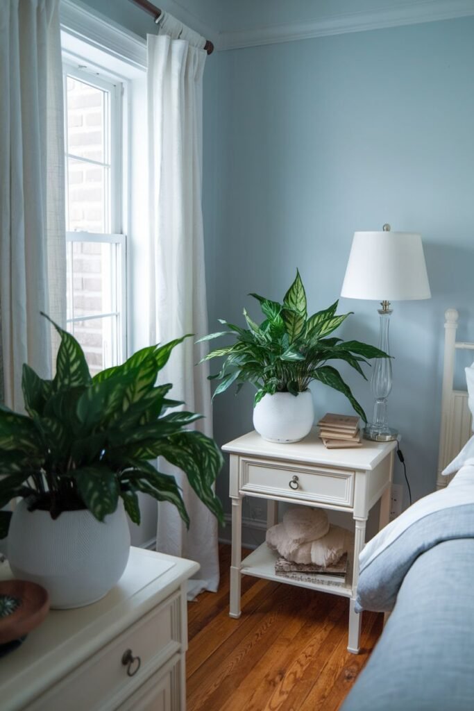 Medium-sized potted plants with patterned green and white leaves are set on nightstands beside a bed.