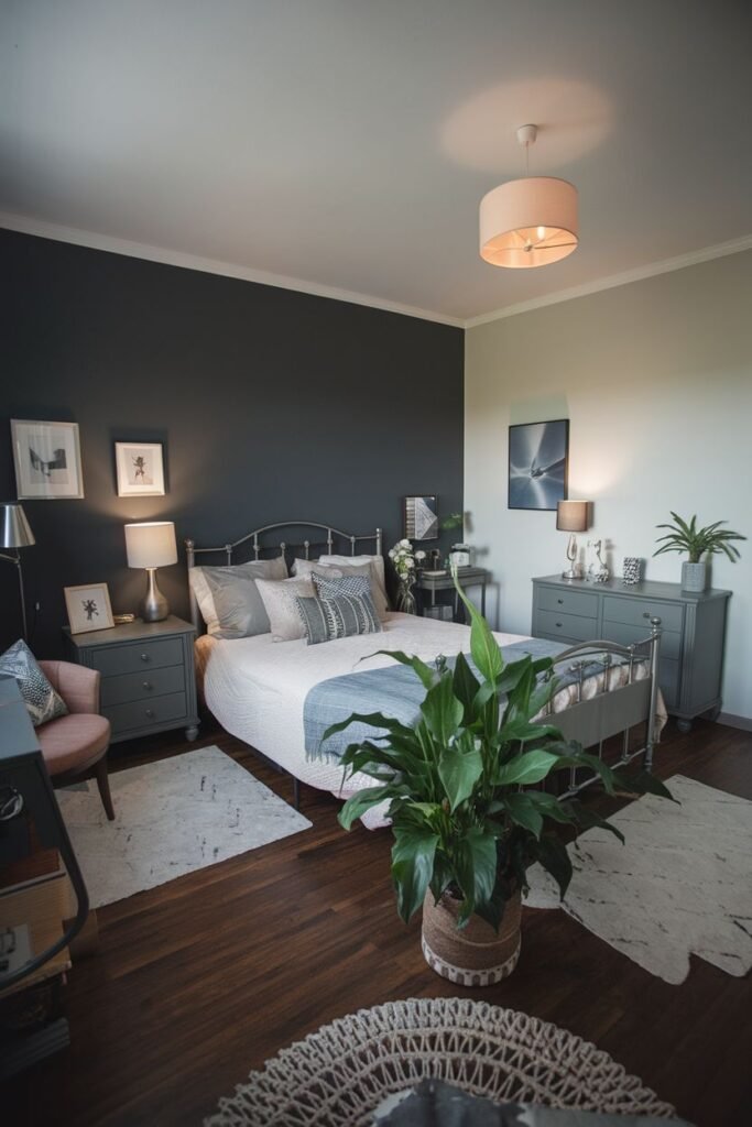 A large peace lily plant with glossy green leaves in a woven basket is placed on the floor in a bedroom.