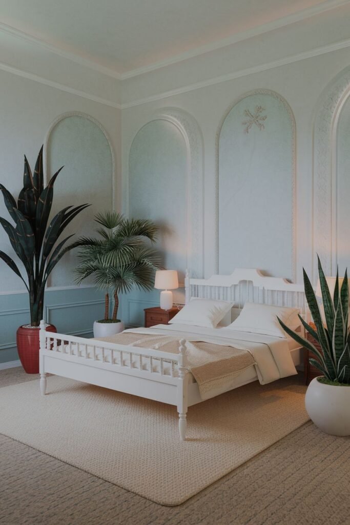 Several large plants, including a tall dark-leafed plant in a red pot, a small palm, and a tall snake plant in a white pot, are placed around a bedroom with arched wall details.
