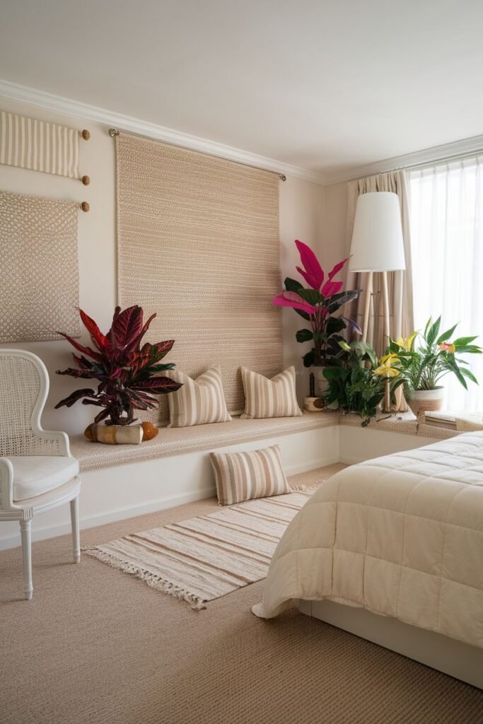 Potted plants with vibrant red, pink, and yellow foliage line a window seat area in a bedroom, with striped pillows on the bench.