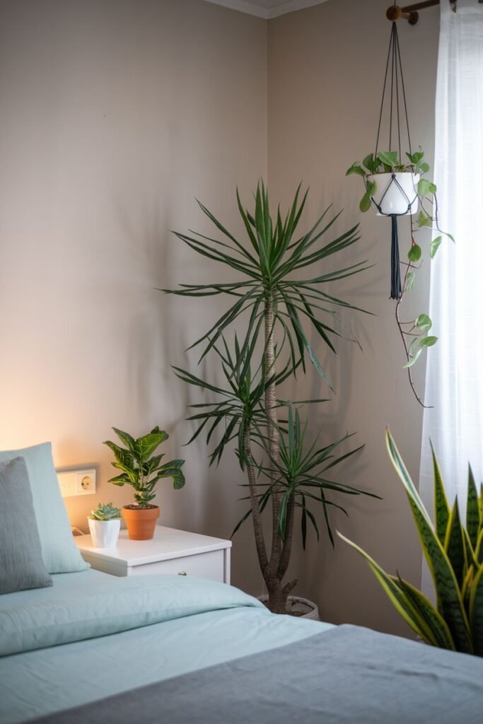 A tall Dracaena plant is on the floor, a smaller potted plant is on the nightstand, and a hanging trailing plant is near the window.