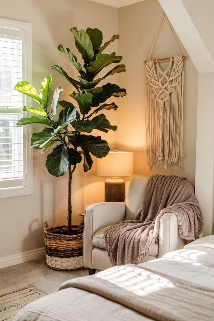 A large Fiddle Leaf Fig tree in a woven basket is positioned next to a comfortable armchair and a window.