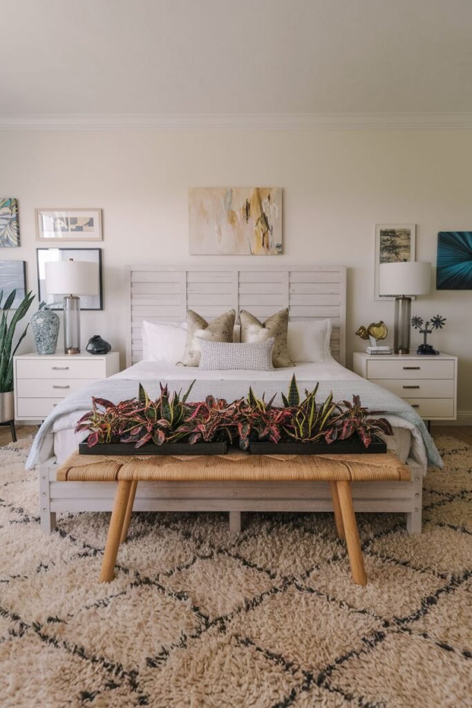 A long wooden planter containing multiple small plants with red and yellow hues rests on a woven bench at the foot of a bed.
