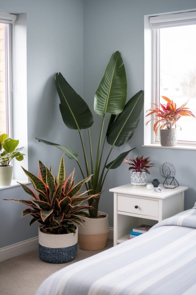 A corner by two windows features several plants, including a large Bird of Paradise, a vibrant snake plant in a woven basket, and smaller potted plants on a nightstand.