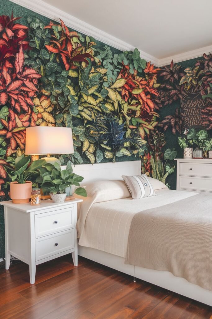 A bedroom wall is covered in a vibrant arrangement of plants, featuring greens, reds, and yellows, with smaller potted plants on a nightstand.