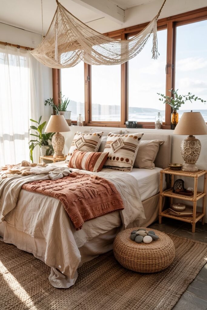 A bright boho coastal chic bedroom with large windows offering an ocean view includes a bed with textured pillows and a terracotta throw, woven lamps, a wicker ottoman, plants, and a hanging net decoration.