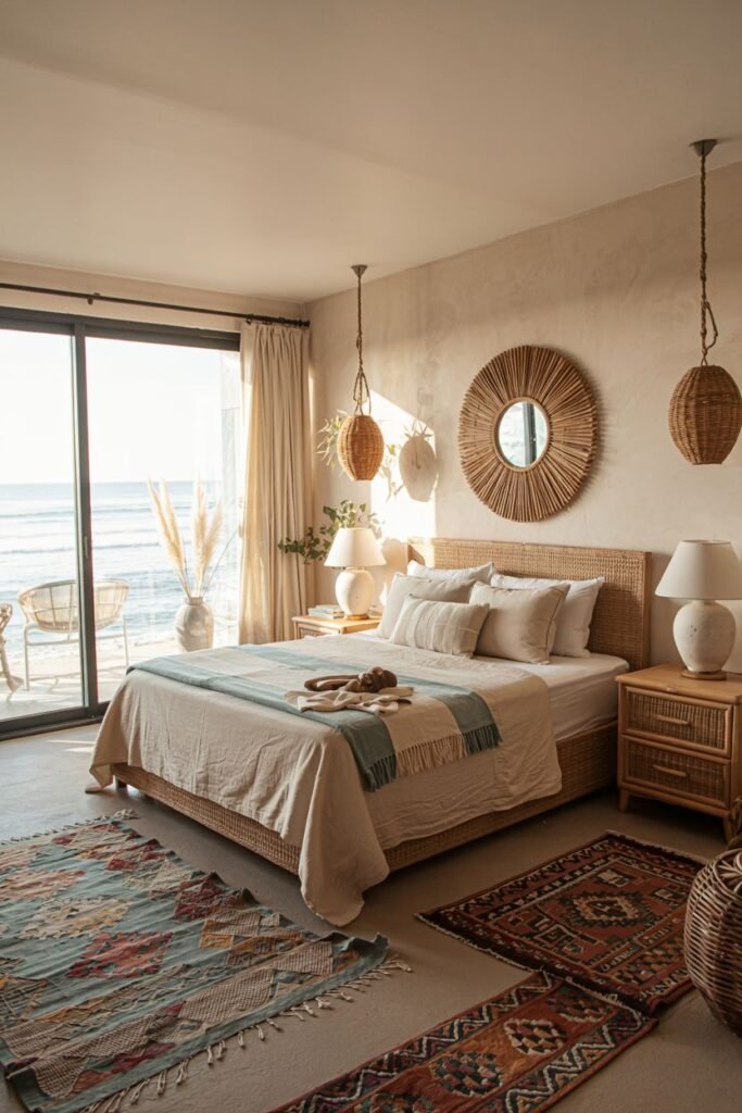 A vibrant boho coastal chic bedroom overlooks the ocean with large glass doors and features a bed with a rattan headboard, layered colorful and neutral rugs, woven pendant lights, and a large round mirror.