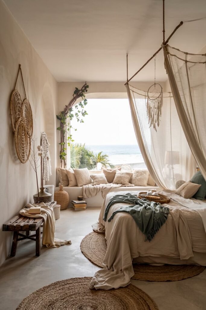 A peaceful boho coastal chic bedroom with a window seat overlooking the ocean features a bed with a draped fabric canopy, layered jute rugs, woven decor, and a dreamcatcher.