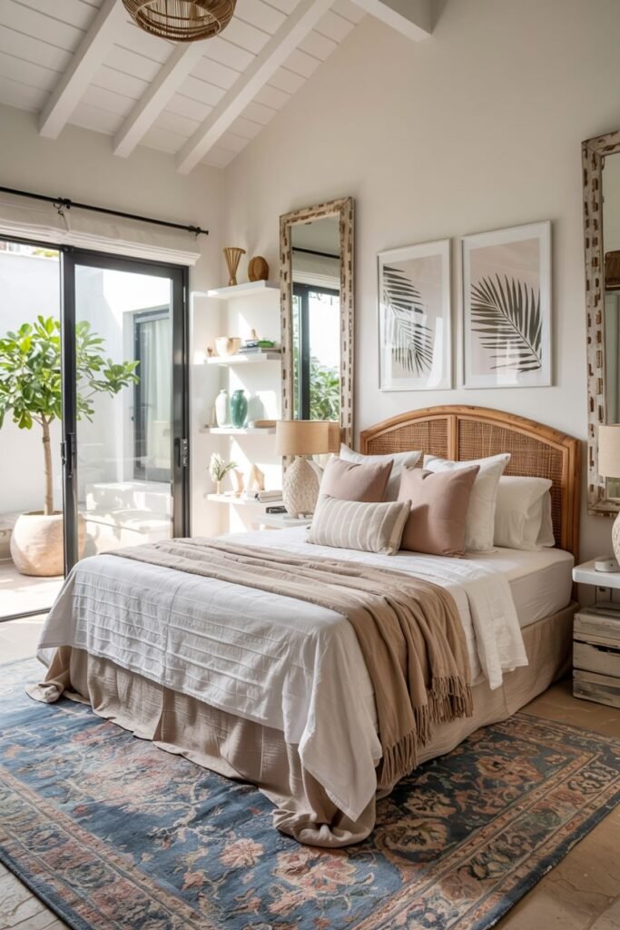 A boho coastal chic bedroom with exposed white beams and large glass doors opening to a patio features a bed with a rattan headboard and neutral bedding, mirrored dressers, and a large blue patterned rug.