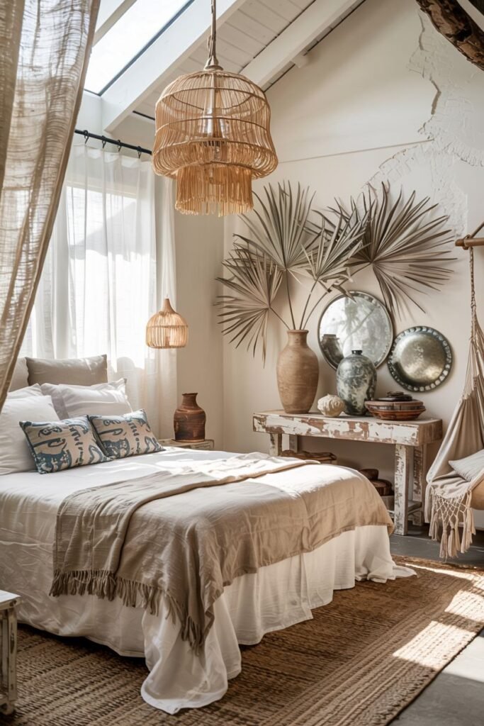 A dramatic boho coastal chic bedroom includes a bed with neutral bedding, a large woven chandelier, draped sheer curtains, dried palm fronds, and a rustic console table, giving a bohemian and natural vibe.