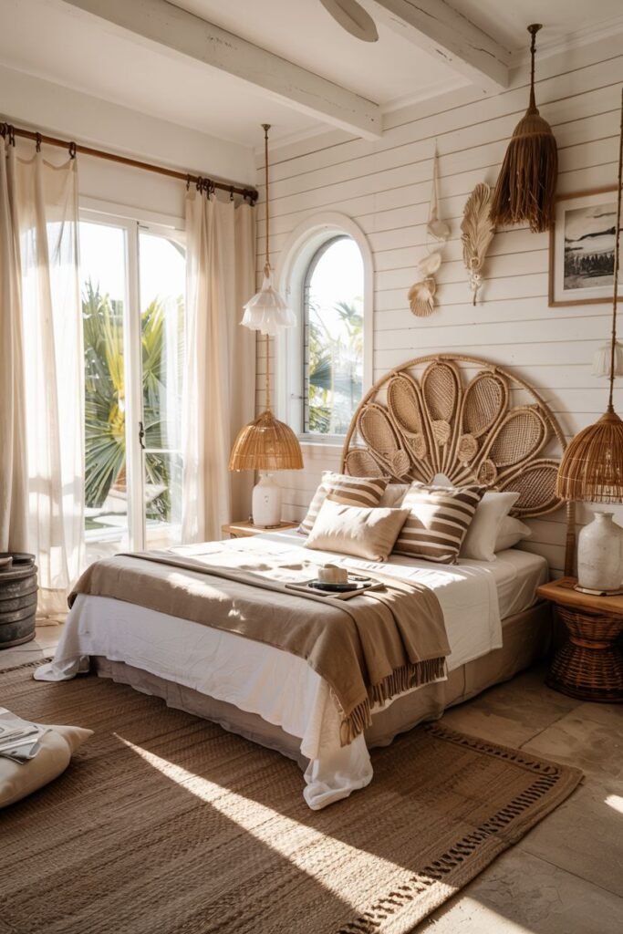 A bright boho coastal chic bedroom with white paneled walls and windows overlooking a patio features a bed with a unique woven fan-shaped headboard, woven pendant lights, and layered neutral rugs.