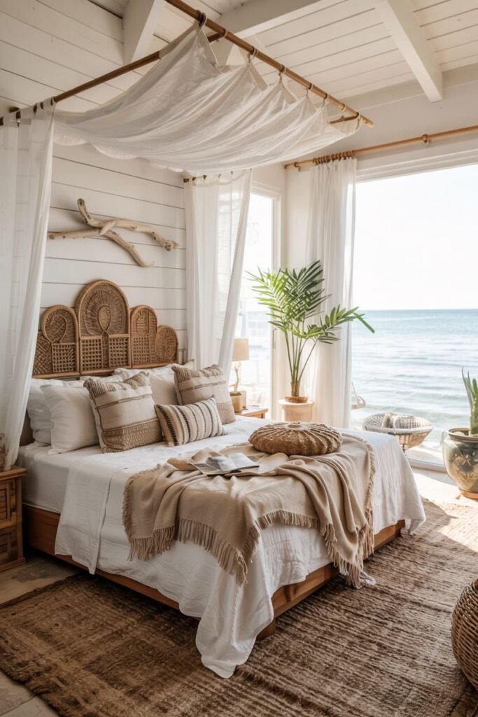 A serene boho coastal chic bedroom directly overlooks the ocean with large windows, featuring a bed with a draped fabric canopy and woven headboard, a palm plant, and layered neutral bedding.