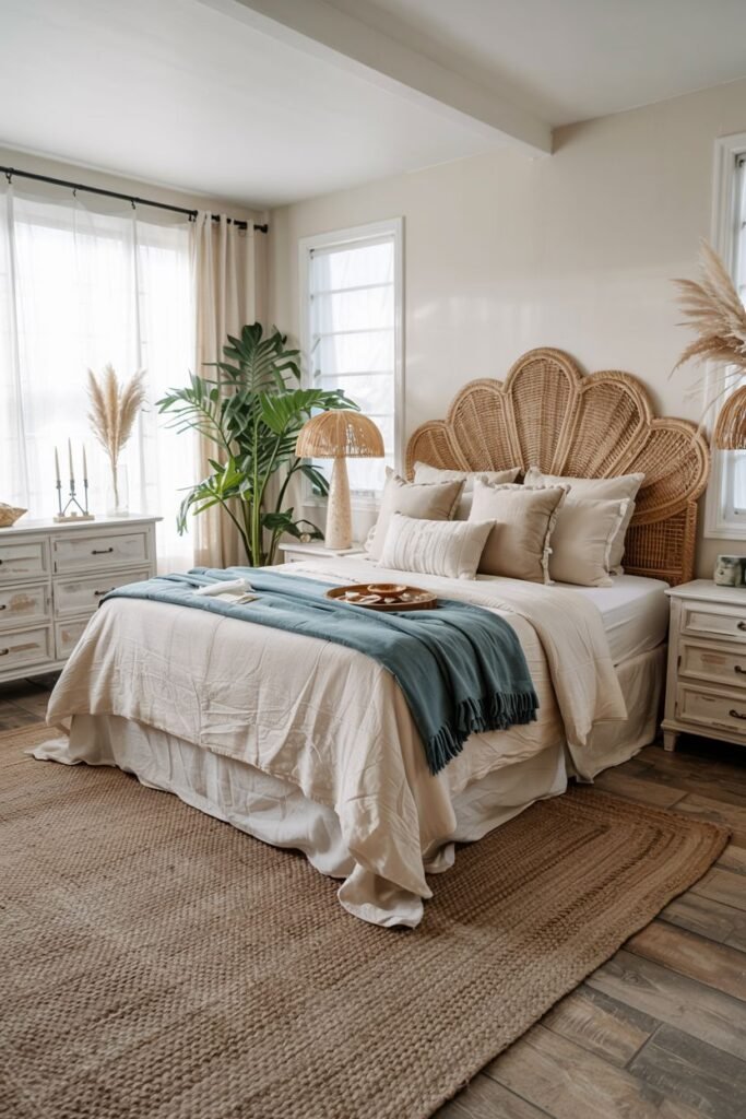 A spacious boho coastal chic bedroom includes a bed with a woven fan-shaped headboard, neutral and blue bedding, woven lamps, a large palm plant, and a rustic dresser.