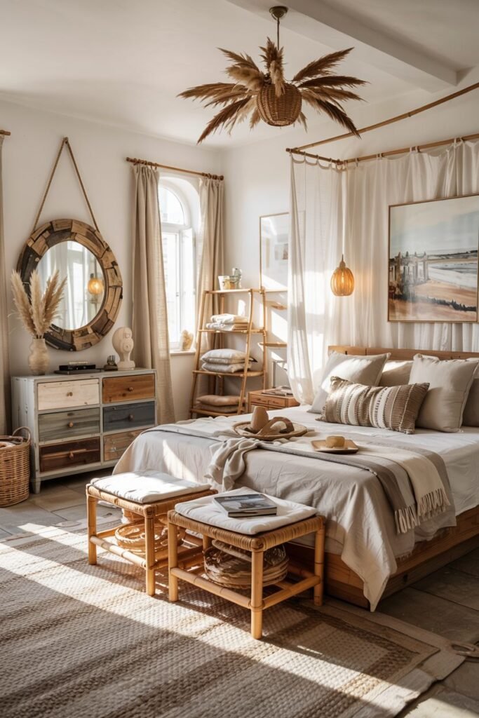 A detailed boho coastal chic bedroom with a draped fabric canopy features a bed with neutral bedding, woven accent furniture and lighting, a large round mirror, and a painted dresser, bathed in warm sunlight.