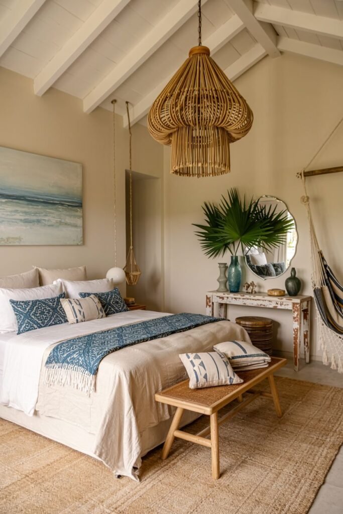 A high-ceilinged boho coastal chic bedroom features a large woven chandelier, a bed with a blue patterned runner, a hanging swing chair, a hammock, a round mirror, and a rustic console.