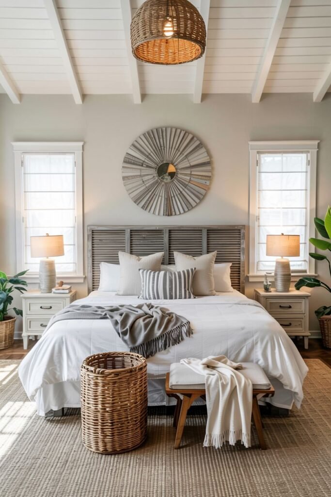 A crisp boho coastal chic bedroom with white beamed ceilings features a bed with a slatted wood headboard, layered white and grey bedding, woven lamps, a large round mirror, and a woven basket.